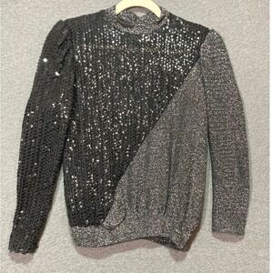 Vintage Tally Boutique 80s Asymmetric Sequin Metallic Blouse Black Silver 8